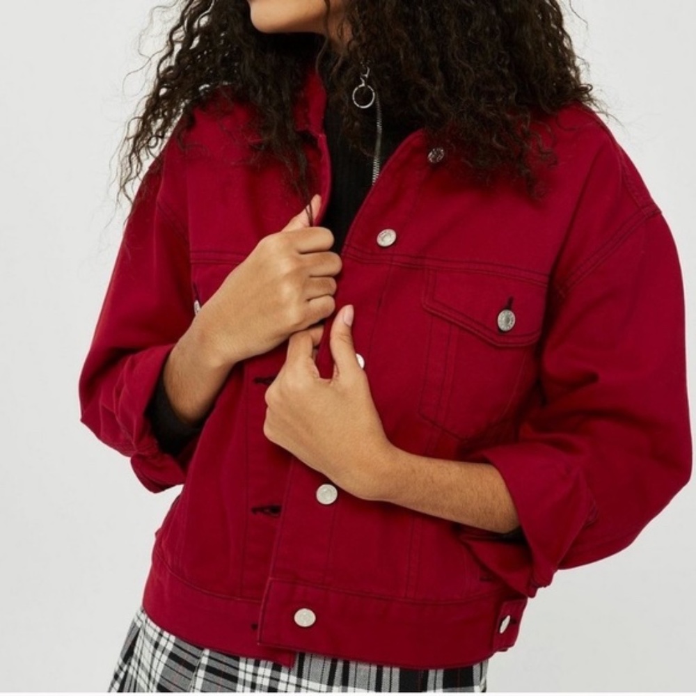 Topshop MOTO Red Boxy Denim Jacket